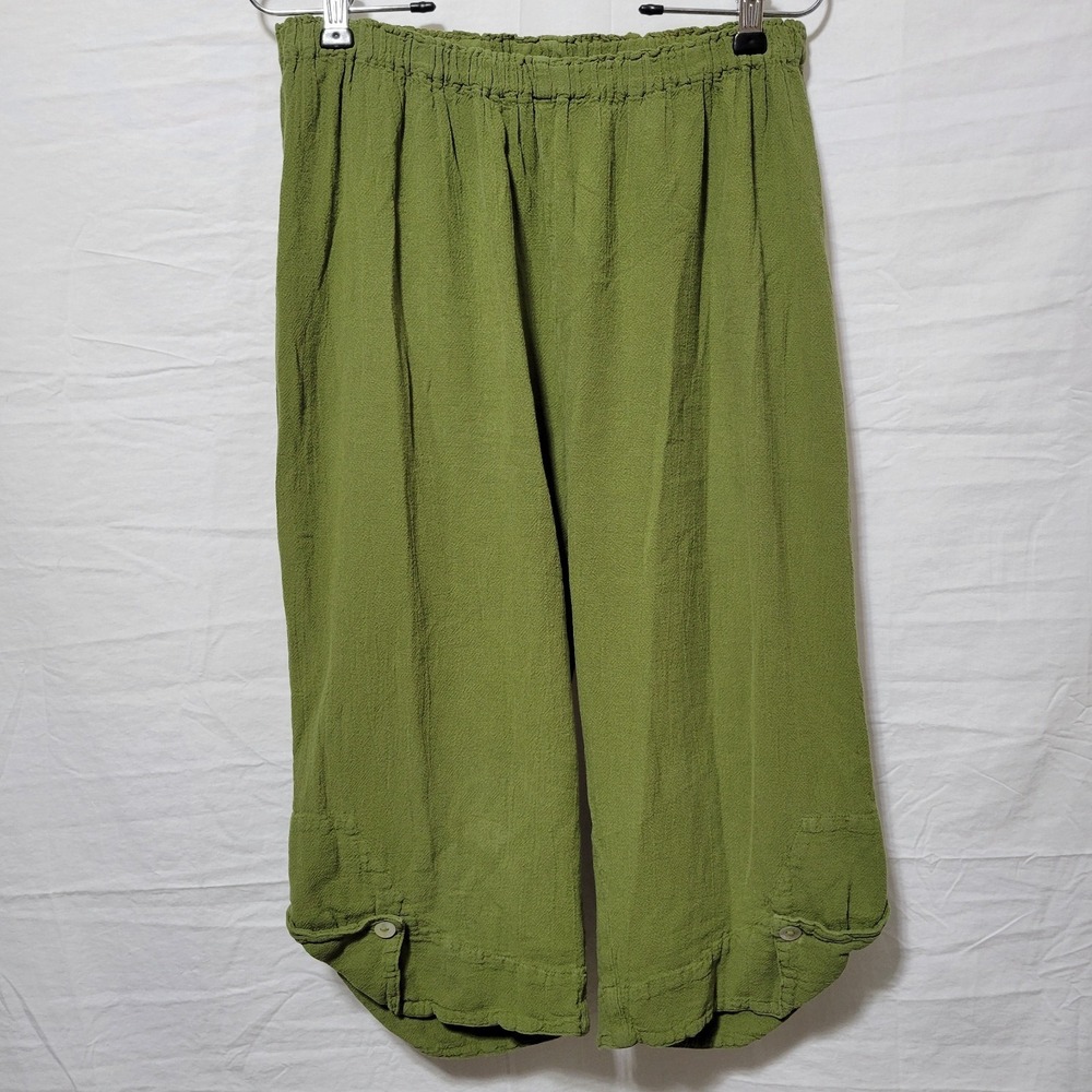 Oh My Gauze Cotton Green Wide Leg Cropped Pants Button Hem Size 1 Medium Boho